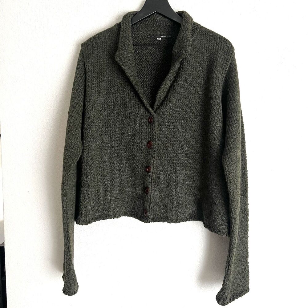 Peruvian Connection Wool Collared Knitted Cardigan Size XL Green
